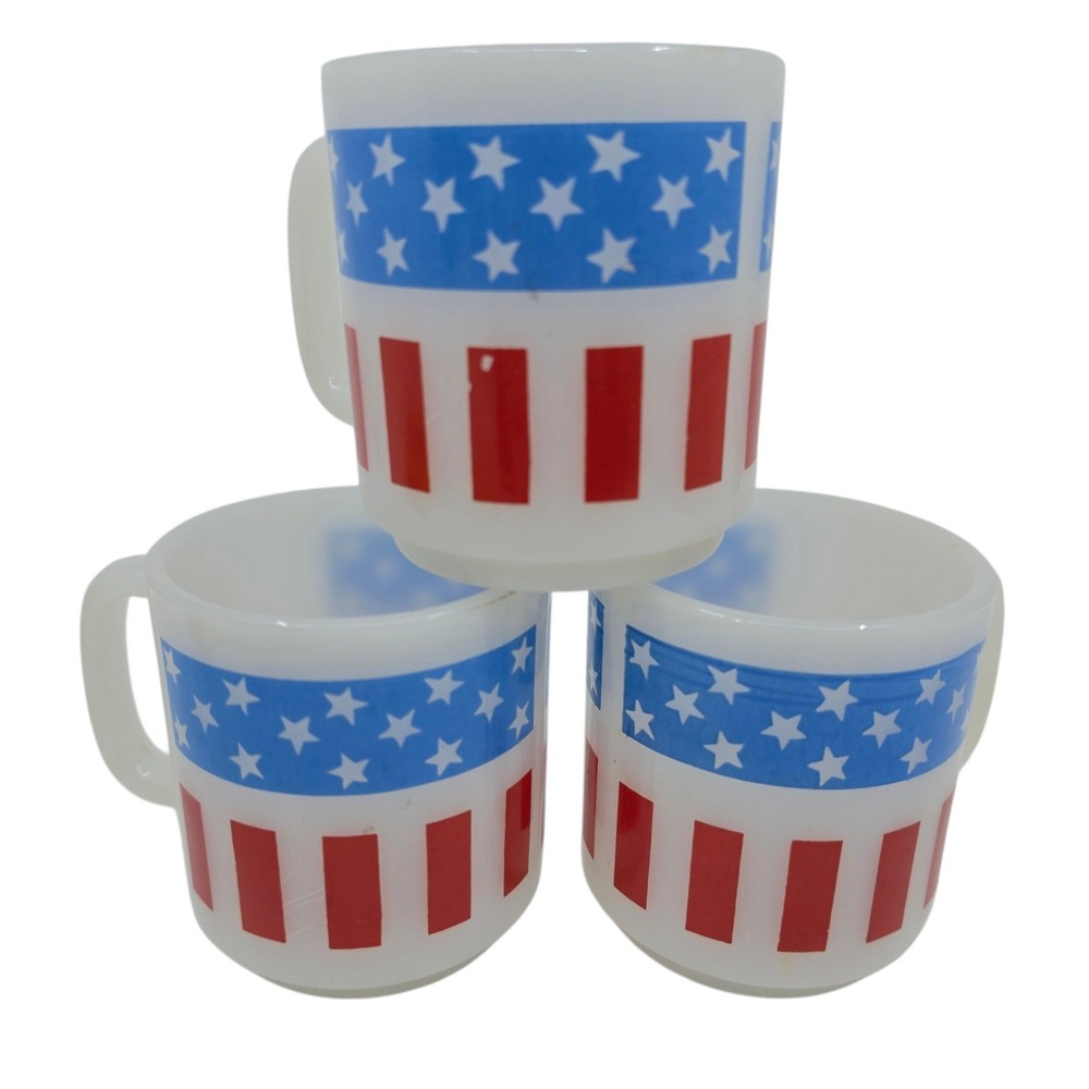 Vintage Glasbake Milk Glass American Flag Coffee Mugs Set of 3 Stars Stripes USA